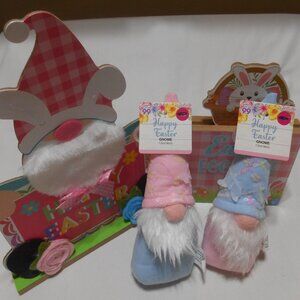 2 New Happy Easter Wooden Table Shelf Toppers & 2 New Glitter 8" pastel Gnomes